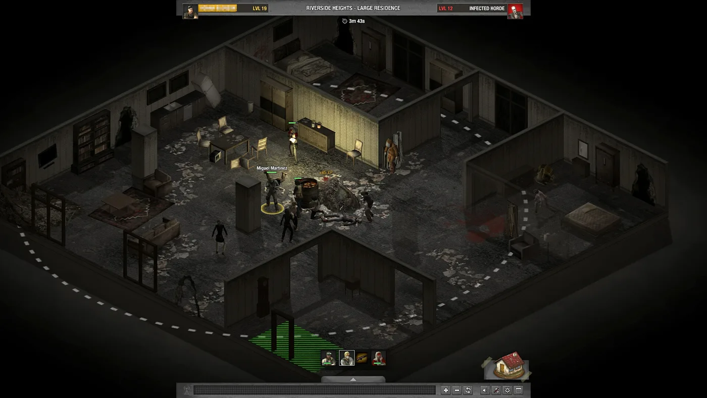 Isometric view of a scavenging mission inside a ruined residence in Dead Zone Revive, with a survivor named Miguel Martinez fighting zombies between overturned furniture, a mission timer and an Infected Horde meter at the top of the screen.