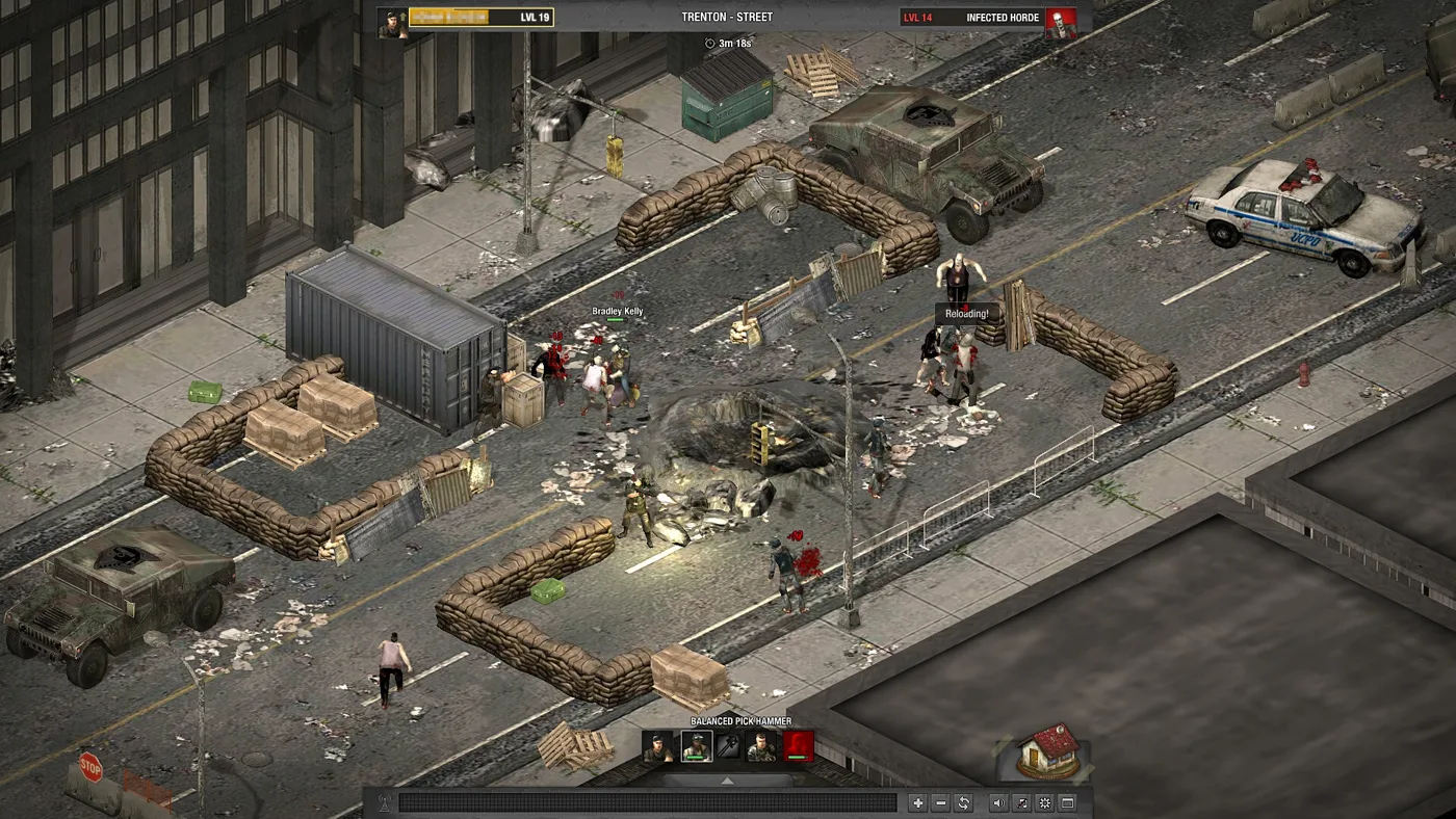 A street mission in Dead Zone Revive on a ruined city block called Trenton, with survivors fighting zombies between sandbag barricades, wrecked military vehicles and an abandoned police car.